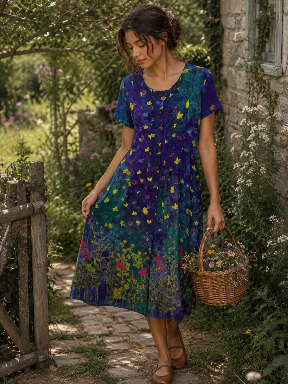 VTG La Cera Purple Turquoise Watercolor Dye Floral Butterfly Button Midi Dress M